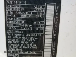 2019 Infiniti QX50 LUXE with VIN 3PCAJ5M16KF134582, listed as a Copart auction lot 72032662 with 58,189 mi miles. Bid and sale history available at carsss.com. Image 15.