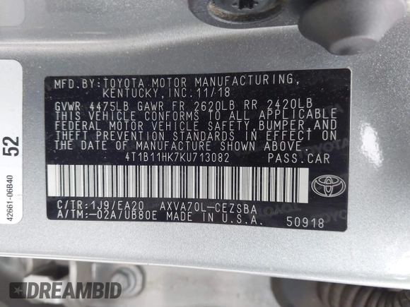 2019 Toyota Camry LE z VIN 4T1B11HK7KU713082, wystawiony jako IAAI lot #42151362 z przebiegiem 93 546 mil mil oraz . Historia ofert i sprzedaży dostępna na DreamBid. Obrazek 9.