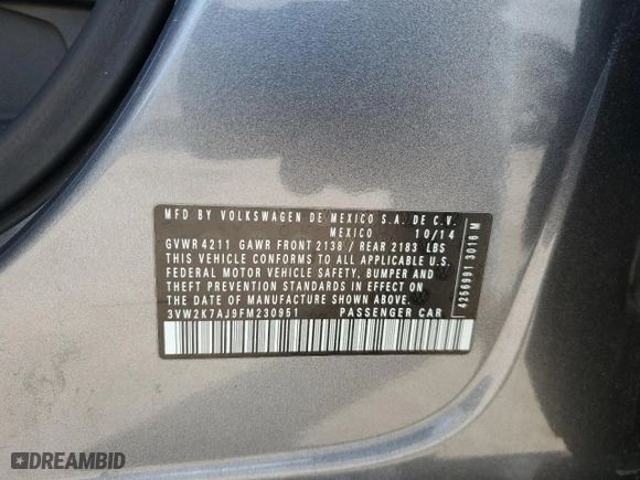 2015 Volkswagen Jetta Sedan 2.0L S w/Technology with VIN 3VW2K7AJ9FM230951, listed as a Copart auction lot 45594505 with 84,347 mi miles and Salvage Title. Bid and sale history available at carsss.com. Image 13.
