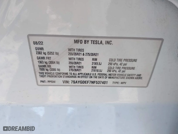 2022 Tesla Model Y Performance with VIN 7SAYGDEF7NF537401, listed as a IAAI auction lot 41540346 with NaN miles. Bid and sale history available at carsss.com. Image 9.
