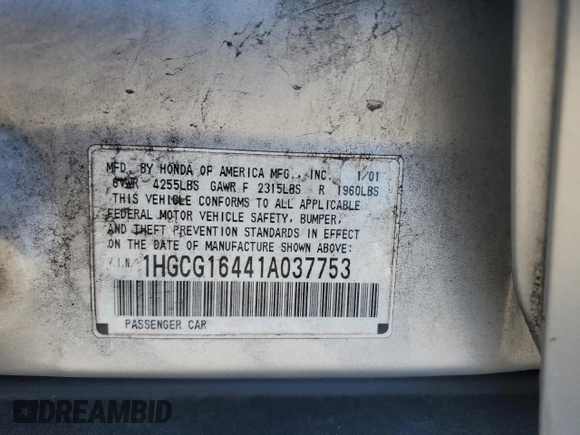 2001 Honda Accord LX with VIN 1HGCG16441A037753, listed as a Copart auction lot 47382605 with 249,442 mi miles and Salvage title. Bid and sale history available at DreamBid. Image 14.