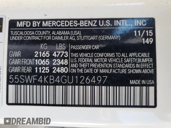 2016 Mercedes-Benz C 300 Luxury with VIN 55SWF4KB4GU126497, listed as a Copart auction lot 54572505 with 101,699 mi miles and Salvage Title. Bid and sale history available at DreamBid. Image 12.