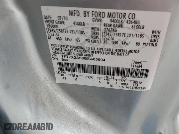 2011 Ford F-250 XL with VIN 1FT7X2A68BEA83904, listed as a Copart auction lot 84274634 with 297,487 mi miles and Salvage title. Bid and sale history available at DreamBid. Image 13.