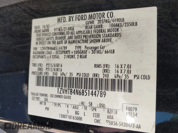 2008 Ford Mustang Deluxe with VIN 1ZVHT84N685144789, listed as a IAAI auction lot 41659256 with 176,332 mi miles and . Bid and sale history available at carsss.com. Image 9.