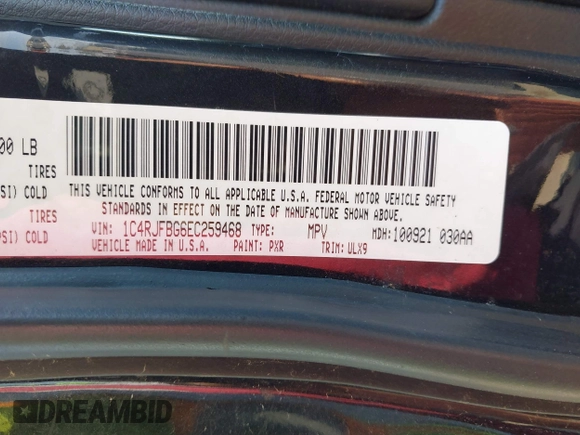 2014 Jeep Grand Cherokee Limited with VIN 1C4RJFBG6EC259468, listed as a IAAI auction lot 42489790 with 263,060 mi miles and . Bid and sale history available at DreamBid. Image 9.