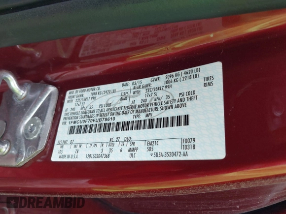 2015 Ford Escape S with VIN 1FMCU0F70FUB78610, listed as a IAAI auction lot 42225098 with 209,248 mi miles and . Bid and sale history available at DreamBid. Image 9.