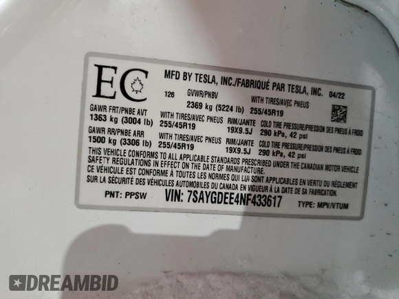 2022 Tesla Model Y Long Range with VIN 7SAYGDEE4NF433617, listed as a Copart auction lot 42585975 with 93,949 mi miles and Salvage Title. Bid and sale history available at carsss.com. Image 12.