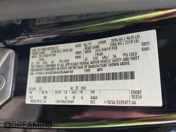 2017 Ford Escape SE with VIN 1FMCU0GD4HUE44010, listed as a IAAI auction lot 42093844 with 177,805 mi miles. Bid and sale history available at carsss.com. Image 9.