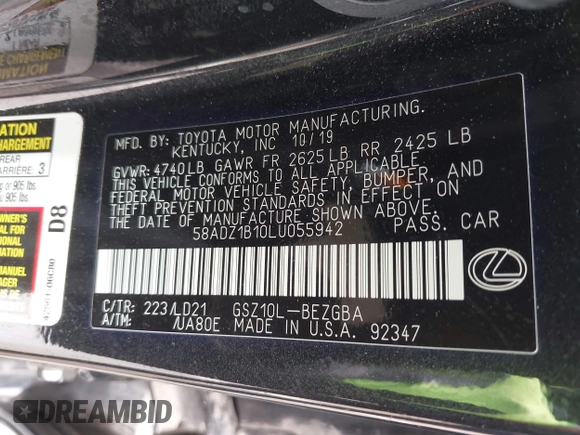 2020 Lexus ES 350 with VIN 58ADZ1B10LU055942, listed as a IAAI auction lot 42423623 with 73,724 mi miles and . Bid and sale history available at DreamBid. Image 9.