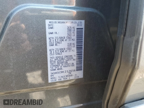 2023 Nissan Pathfinder SL with VIN 5N1DR3CC9PC212656, listed as a Copart auction lot 62314425 with 36,306 mi miles and Salvage title. Bid and sale history available at DreamBid. Image 13.