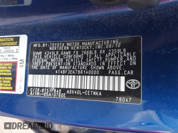 2011 Toyota Camry LE z VIN 4T4BF3EK7BR140000, wystawiony jako IAAI lot #41677891 z przebiegiem 171 718 mil mil oraz . Historia ofert i sprzedaży dostępna na DreamBid. Obrazek 9.