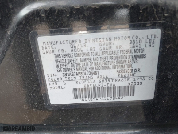 2013 Nissan Sentra SV with VIN 3N1AB7AP8DL734481, listed as a IAAI auction lot 41658381 with 135,576 mi miles. Bid and sale history available at carsss.com. Image 9.