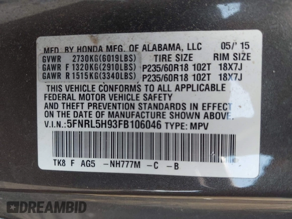 2015 Honda Odyssey Touring Elite with VIN 5FNRL5H93FB106046, listed as a IAAI auction lot 42492096 with 197,575 mi miles and . Bid and sale history available at DreamBid. Image 9.