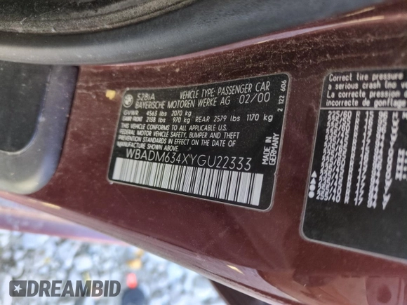 2000 BMW 5 Series 528iA with VIN WBADM634XYGU22333, listed as a Copart auction lot 42828925 with 182,510 mi miles and Salvage Title. Bid and sale history available at carsss.com. Image 12.