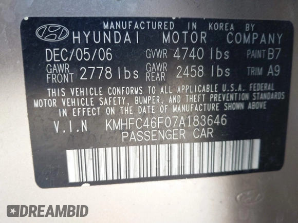 2007 Hyundai Azera SE with VIN KMHFC46F07A183646, listed as a IAAI auction lot 41705832 with 67,230 mi miles. Bid and sale history available at carsss.com. Image 9.