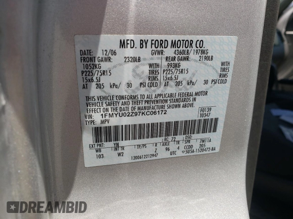 2007 Ford Escape XLS z VIN 1FMYU02Z97KC06172, wystawiony jako Copart lot #56978575 z przebiegiem 155 456 mil mil oraz Szkoda całkowita • Salvage title. Historia ofert i sprzedaży dostępna na DreamBid. Obrazek 13.