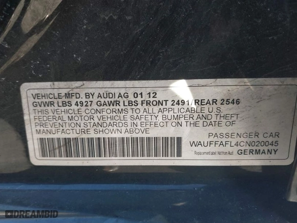 2012 Audi A4 2.0T Premium Plus with VIN WAUFFAFL4CN020045, listed as a IAAI auction lot 41754314 with 149,129 mi miles. Bid and sale history available at carsss.com. Image 9.