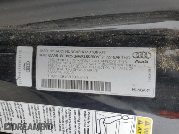 2008 Audi TT 2.0T with VIN TRUAF38J681046770, listed as a Copart auction lot 55561375 with 82,307 mi miles and Salvage title. Bid and sale history available at DreamBid. Image 13.