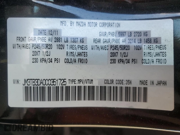 2012 Mazda CX-9 Grand Touring with VIN JM3TB3DA0C0351725, listed as a Copart auction lot 64089375 with 230,811 mi miles and Salvage title. Bid and sale history available at DreamBid. Image 13.
