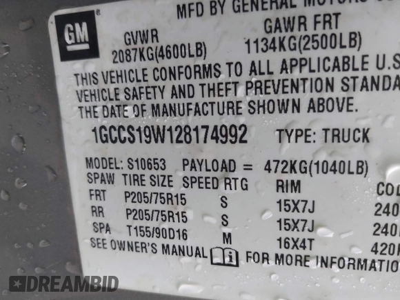 2002 Chevrolet S-10 LS with VIN 1GCCS19W128174992, listed as a IAAI auction lot 41739237 with Not Provided miles. Bid and sale history available at carsss.com. Image 9.