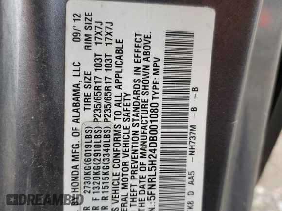 2013 Honda Odyssey LX with VIN 5FNRL5H24DB001080, listed as a Copart auction lot 52790605 with 137,853 mi miles and Salvage Title. Bid and sale history available at carsss.com. Image 13.