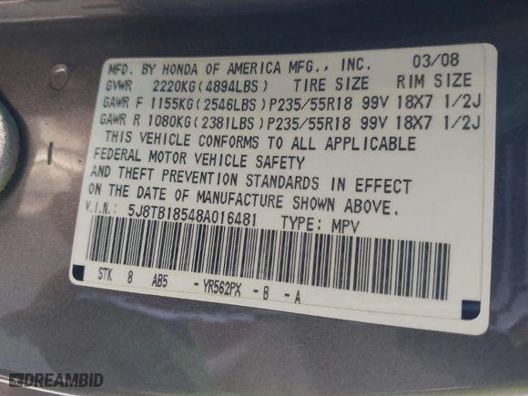 2008 Acura RDX Tech Pkg with VIN 5J8TB18548A016481, listed as a IAAI auction lot 41960032 with 236,174 mi miles. Bid and sale history available at carsss.com. Image 9.