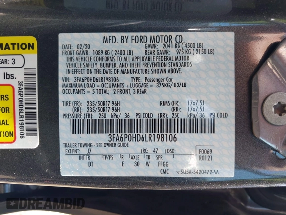 2020 Ford Fusion SE with VIN 3FA6P0HD6LR198106, listed as a IAAI auction lot 42647519 with 50,983 mi miles and . Bid and sale history available at DreamBid. Image 9.