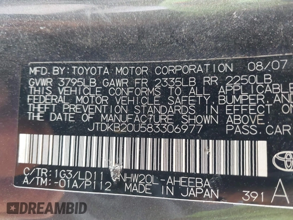 2008 Toyota Prius with VIN JTDKB20U583306977, listed as a IAAI auction lot 42035020 with 212,788 mi miles. Bid and sale history available at carsss.com. Image 9.