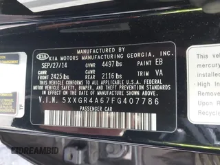 2015 Kia Optima SX Turbo with VIN 5XXGR4A67FG407786, listed as a IAAI auction lot 41606324 with 194,837 mi miles. Bid and sale history available at carsss.com. Image 9.