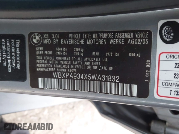 2005 BMW X3 3.0i with VIN WBXPA934X5WA31832, listed as a IAAI auction lot 41927615 with 999,999 mi miles. Bid and sale history available at carsss.com. Image 9.