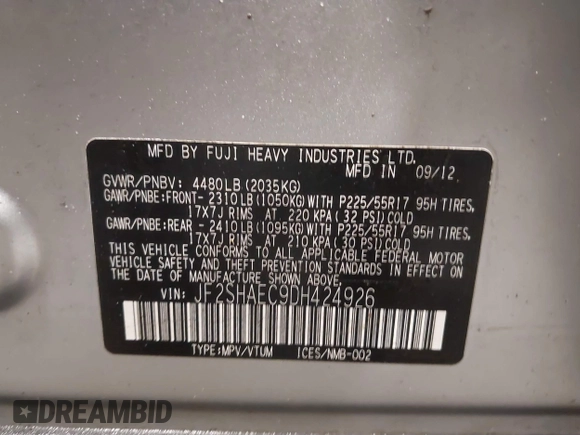 2013 Subaru Forester X Limited with VIN JF2SHAEC9DH424926, listed as a IAAI auction lot 41375493 with 121,809 mi miles and . Bid and sale history available at DreamBid. Image 9.