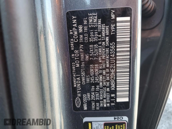 2020 Hyundai Palisade SEL with VIN KM8R2DHE2LU143565, listed as a Copart auction lot 58582375 with 72,435 mi miles and Salvage title. Bid and sale history available at DreamBid. Image 13.