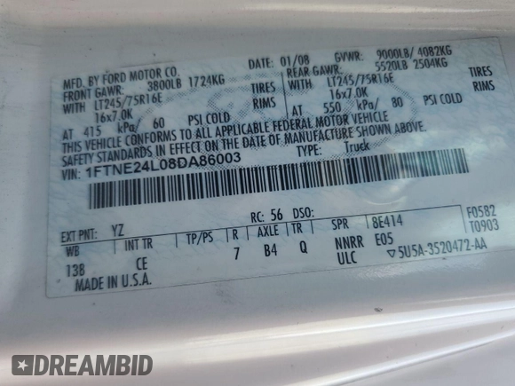 2008 Ford Econoline Cargo Commercial with VIN 1FTNE24L08DA86003, listed as a IAAI auction lot 42888156 with 240,617 mi miles and . Bid and sale history available at DreamBid. Image 10.