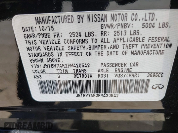 2015 Infiniti Q50 Premium with VIN JN1BV7AR2FM420542, listed as a IAAI auction lot 41787473 with 83,955 mi miles. Bid and sale history available at carsss.com. Image 9.