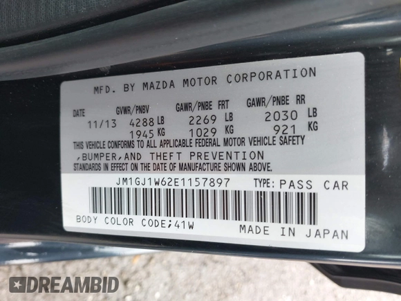 2014 Mazda 6 i Grand Touring with VIN JM1GJ1W62E1157897, listed as a IAAI auction lot 41952291 with 161,255 mi miles. Bid and sale history available at carsss.com. Image 9.