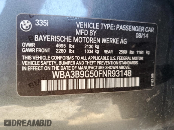 2015 BMW 3 Series 335i xDrive with VIN WBA3B9G50FNR93148, listed as a Copart auction lot 61138275 with 119,092 mi miles and Salvage title. Bid and sale history available at DreamBid. Image 12.