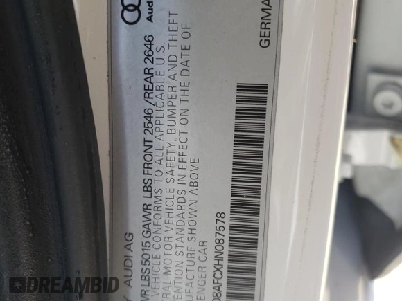 2017 Audi A6 Premium Plus with VIN WAUD8AFCXHN087578, listed as a Copart auction lot 62588082 with 0 mi miles. Bid and sale history available at carsss.com. Image 10.