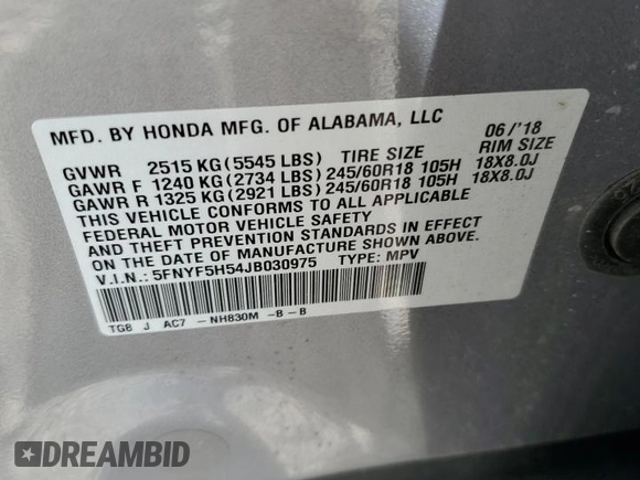 2018 Honda Pilot EX-L with VIN 5FNYF5H54JB030975, listed as a Copart auction lot 61160835 with 107,783 mi miles and Salvage title. Bid and sale history available at DreamBid. Image 13.