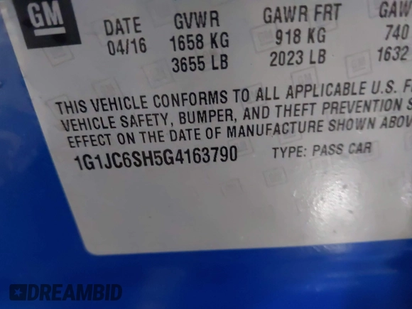 2016 Chevrolet Sonic LT with VIN 1G1JC6SH5G4163790, listed as a IAAI auction lot 41629040 with 82,381 mi miles. Bid and sale history available at carsss.com. Image 9.