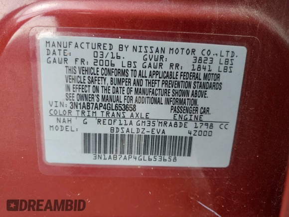 2016 Nissan Sentra S with VIN 3N1AB7AP4GL653658, listed as a Copart auction lot 53493495 with 122,748 mi miles and Salvage Title. Bid and sale history available at carsss.com. Image 13.