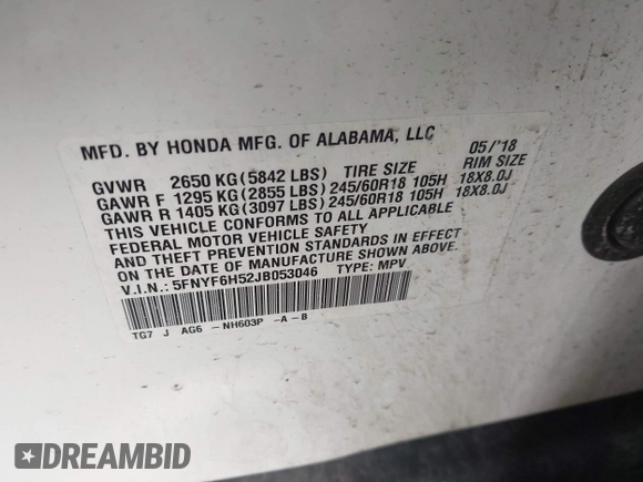2018 Honda Pilot EX-L with VIN 5FNYF6H52JB053046, listed as a IAAI auction lot 42013210 with 103,721 mi miles. Bid and sale history available at carsss.com. Image 9.