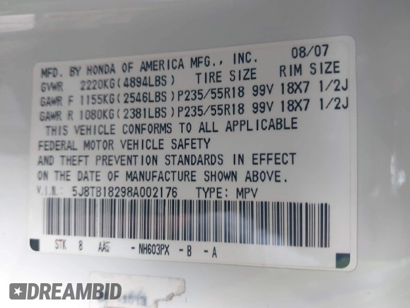 2008 Acura RDX with VIN 5J8TB18298A002176, listed as a IAAI auction lot 41461896 with 222,583 mi miles. Bid and sale history available at carsss.com. Image 9.
