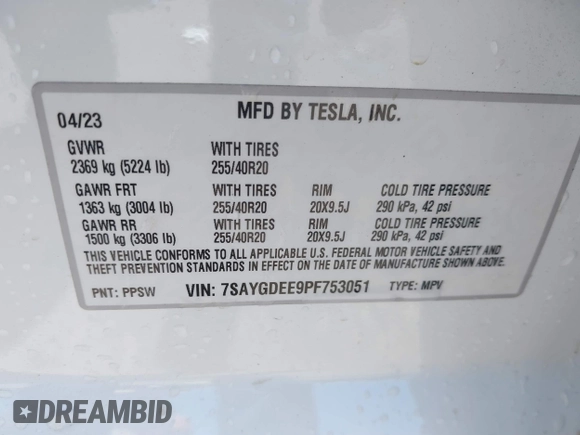 2023 Tesla Model Y Long Range z VIN 7SAYGDEE9PF753051, wystawiony jako IAAI lot #39615839 z przebiegiem Nie podano mil oraz . Historia ofert i sprzedaży dostępna na DreamBid. Obrazek 9.