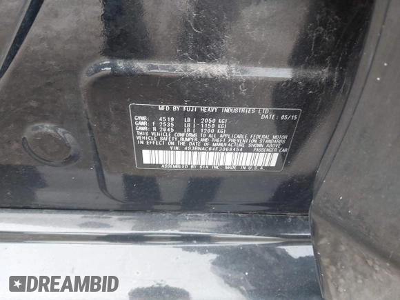 2015 Subaru Legacy Premium with VIN 4S3BNAC64F3068454, listed as a IAAI auction lot 42587570 with 223,600 mi miles and . Bid and sale history available at DreamBid. Image 9.