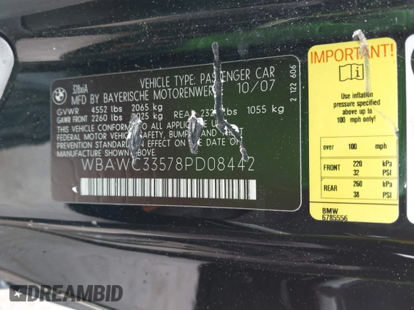 2008 BMW 3 Series 328xi with VIN WBAWC33578PD08442, listed as a IAAI auction lot 42120947 with 137,077 mi miles and . Bid and sale history available at DreamBid. Image 9.