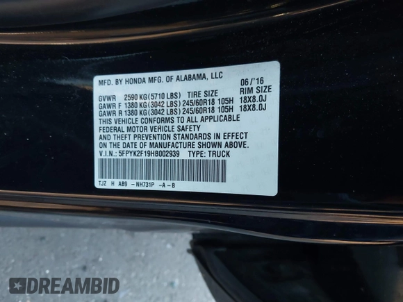 2017 Honda Ridgeline Sport with VIN 5FPYK2F19HB002939, listed as a IAAI auction lot 41728020 with 94,322 mi miles and . Bid and sale history available at DreamBid. Image 9.