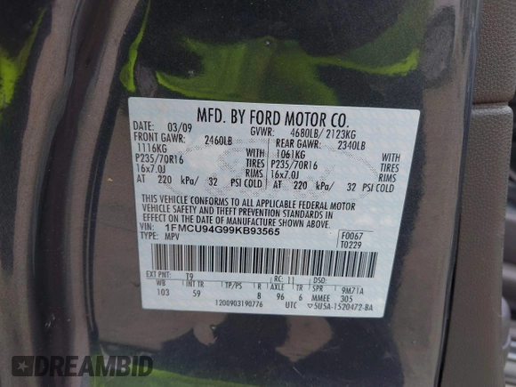 2009 Ford Escape Limited with VIN 1FMCU94G99KB93565, listed as a IAAI auction lot 42496658 with 138,070 mi miles and . Bid and sale history available at DreamBid. Image 9.