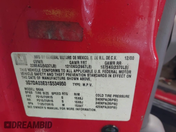 2001 Pontiac Aztek GT z VIN 3G7DA03E31S534950, wystawiony jako IAAI lot #42273247 z przebiegiem 190 793 mil mil oraz . Historia ofert i sprzedaży dostępna na DreamBid. Obrazek 9.