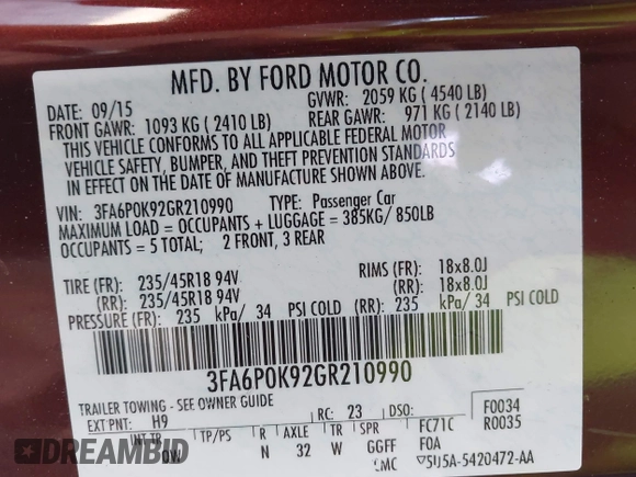 2016 Ford Fusion Titanium with VIN 3FA6P0K92GR210990, listed as a IAAI auction lot 42537176 with 122,111 mi miles and . Bid and sale history available at DreamBid. Image 9.