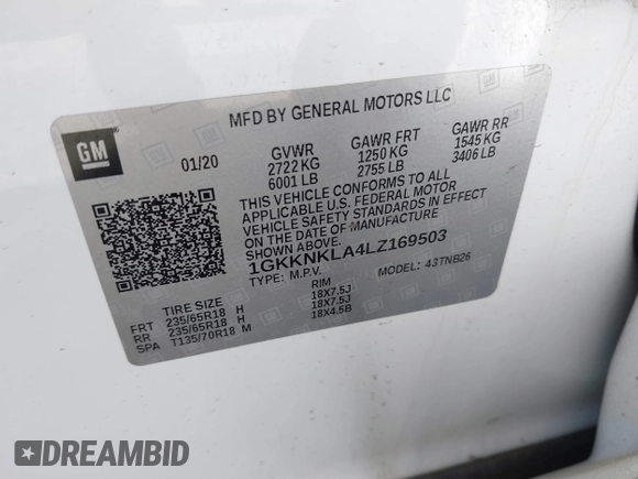 2020 GMC Acadia SLE with VIN 1GKKNKLA4LZ169503, listed as a IAAI auction lot 42229228 with 92,547 mi miles and . Bid and sale history available at DreamBid. Image 9.